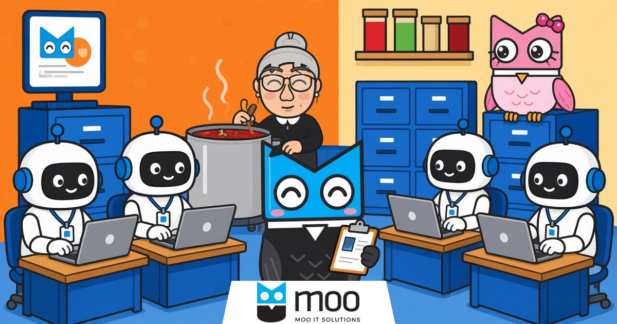 featured_ai-agent-security_1200x630 AI agent security cartoon: Rocky the Moo IT owl checks the ID badges of AI robot interns at their desks, enforcing least privilege, while Nonna guards her sauce pot and Bella watches