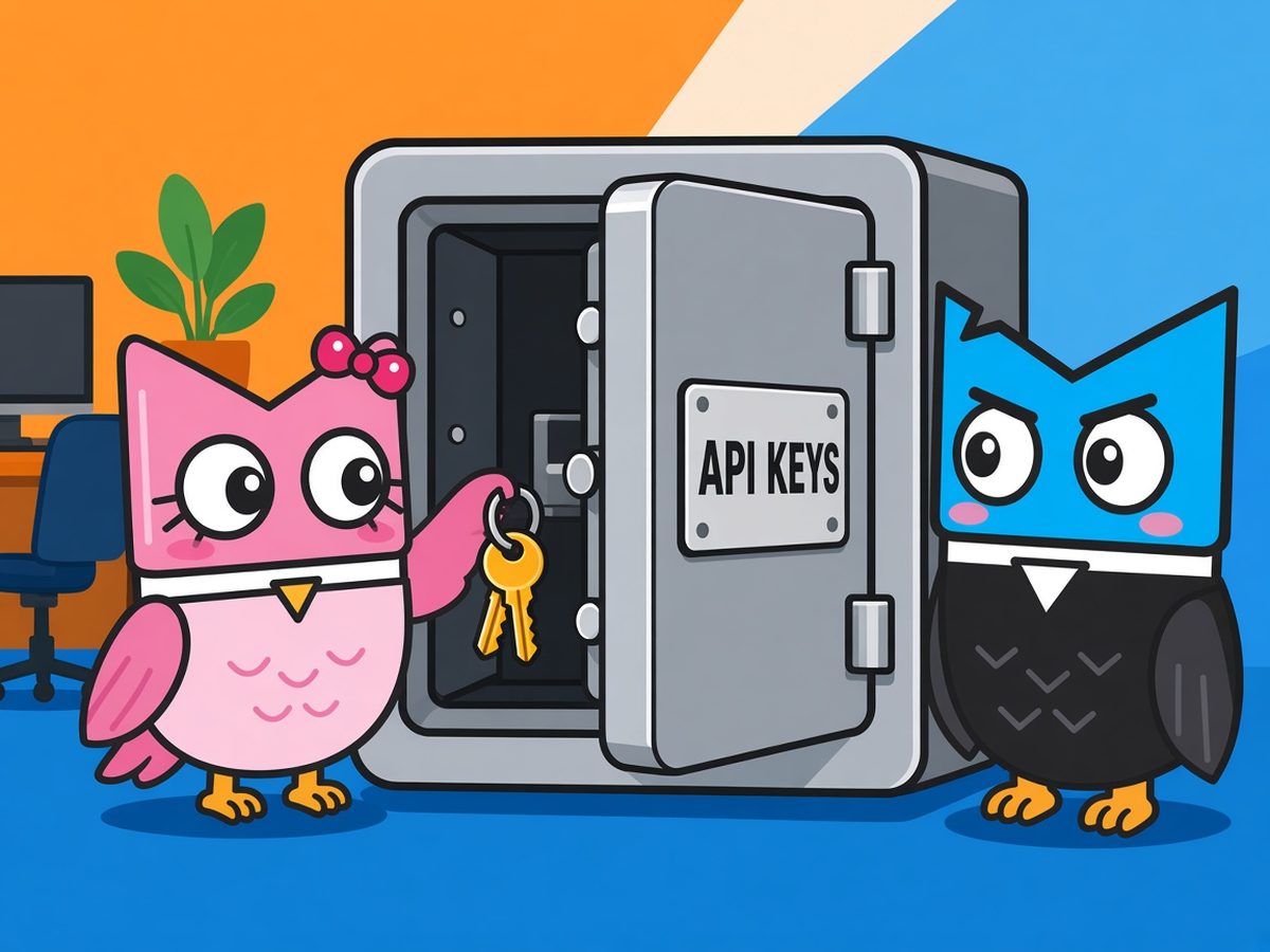 AI agent security tip: Bella the pink owl locks API keys in a vault while Rocky the owl stands guard