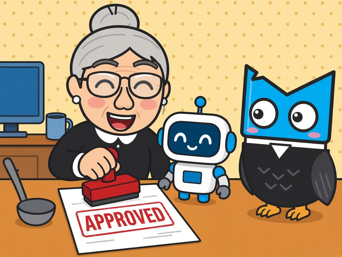 AI agent security with a human in the loop: Nonna stamps APPROVED on an AI robot's request while Rocky the owl looks on
