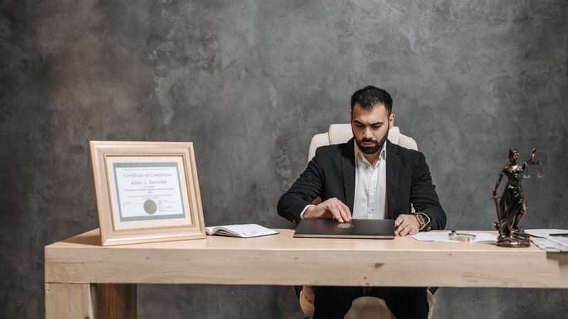 Lawyer working on a laptop in a modern law office